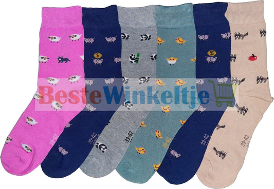 6 pack Dames sokken ’Beestenboel’ - 35-38 / Print